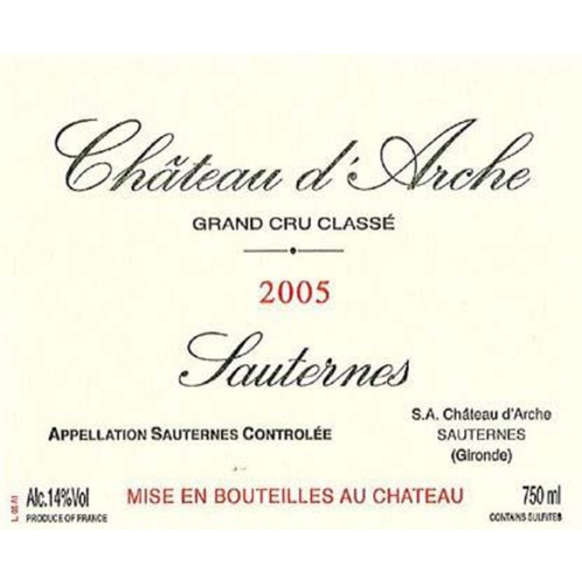 2005 Chateau d'Arche Sauternes (375ml) image