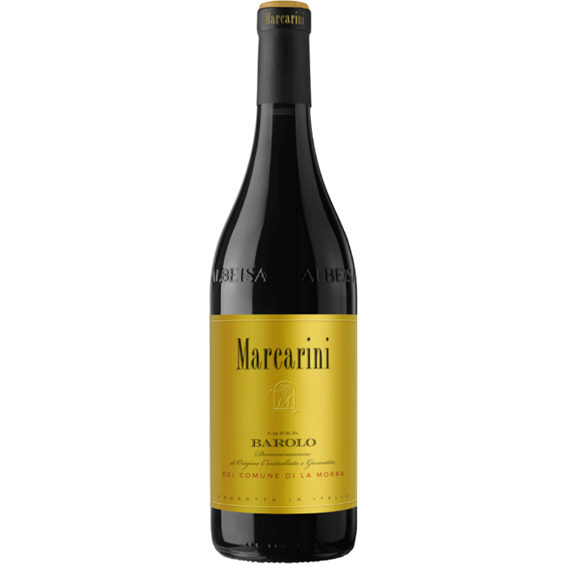 Bottle of Marcarini Barolo del Comune di La Morra 2021, a Nebbiolo red wine from Piedmont, Italy.